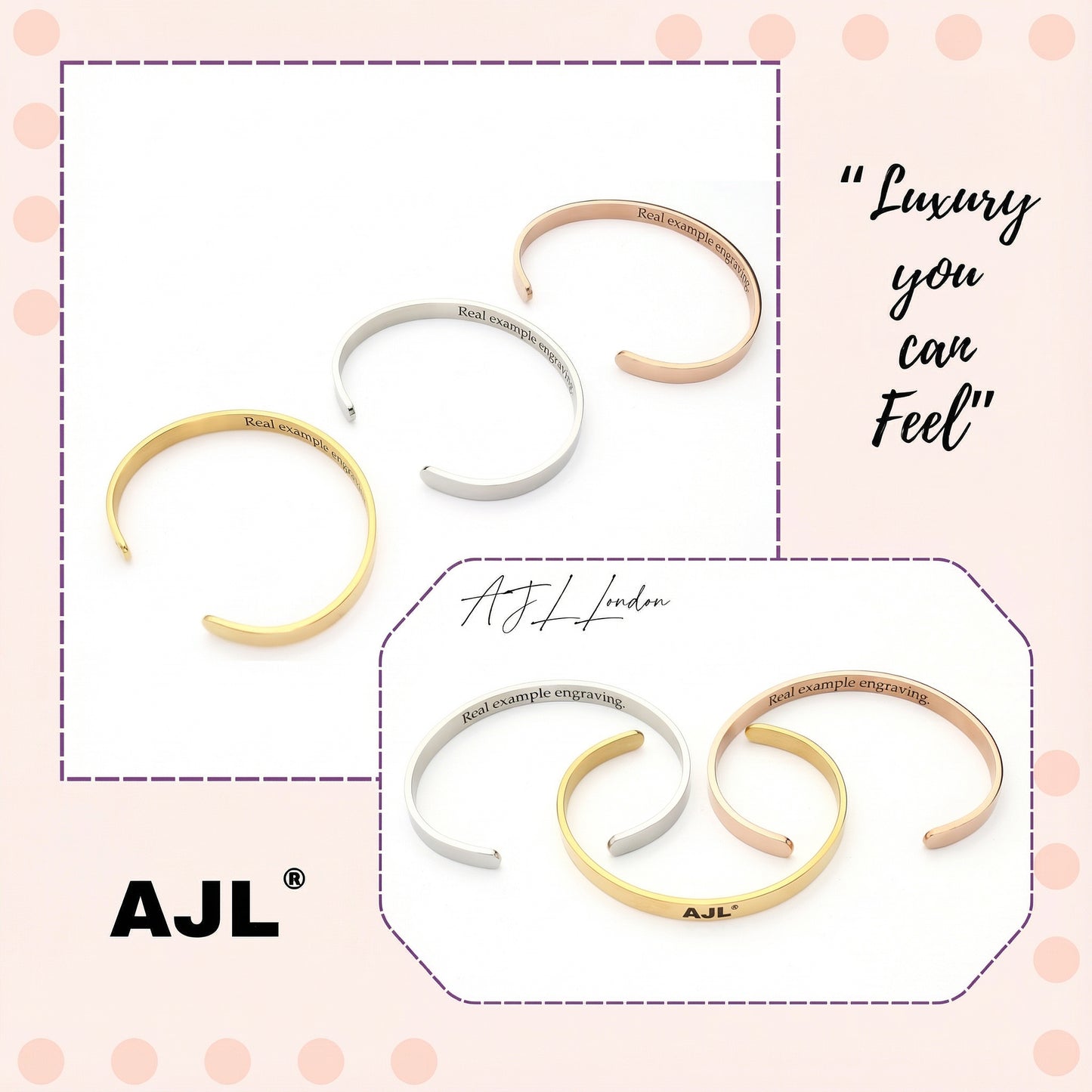 AJ LONDON Personalised Engraved Bracelet Cuff Bangle with Any Text/Name